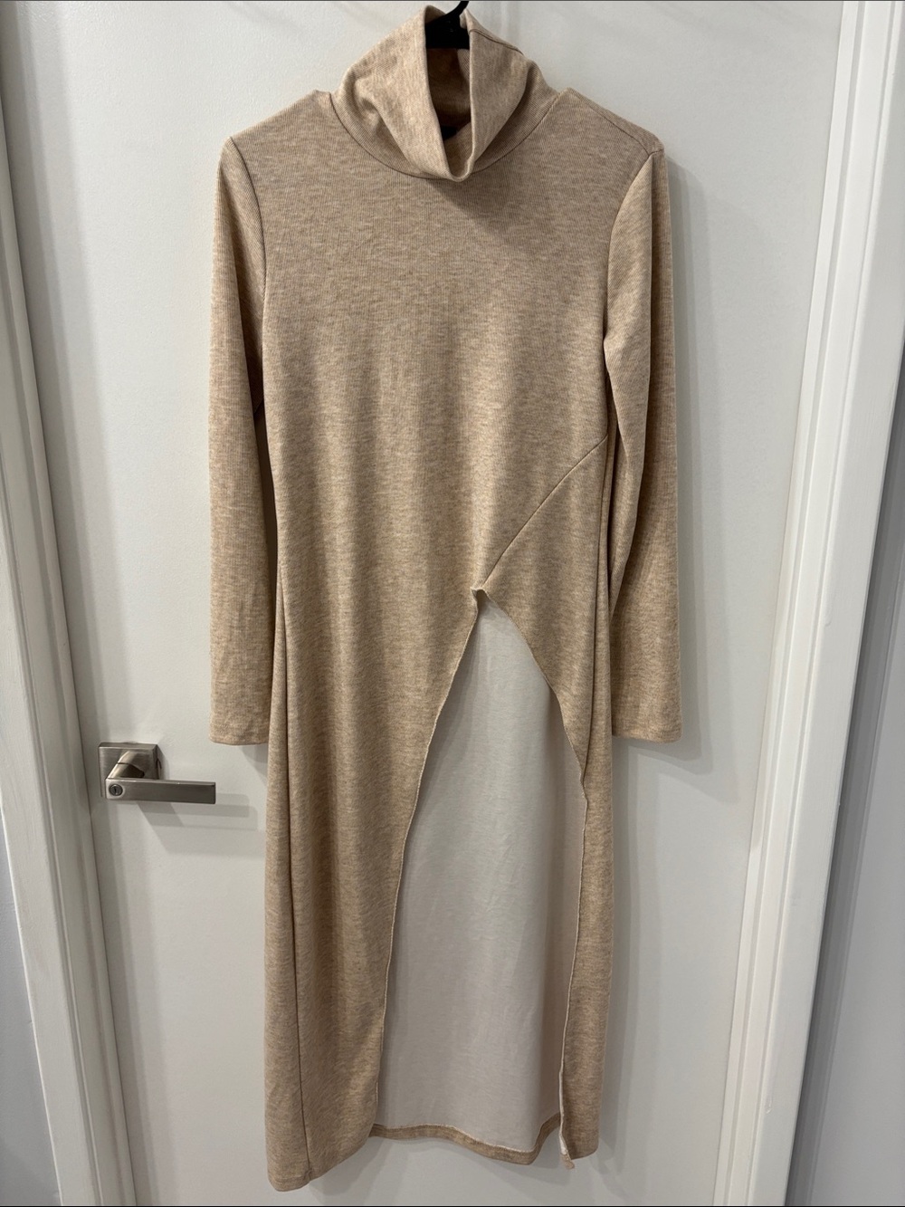 Maxi Beige Turtleneck Sweater with Asymmetric Cut Open in Front Small
